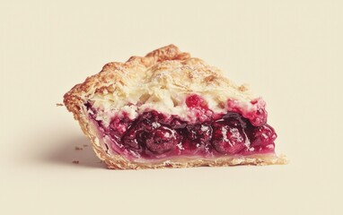 Slice of Red Berry Pie with Flaky Crust on Beige Background