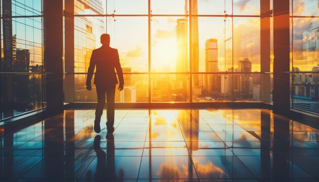 Innovative business leader navigates a cutting edge futuristic office environment