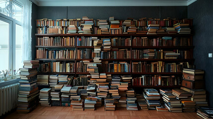 Fototapeta premium Extensive Home Library With Floor To Ceiling Bookshelves Filled With Stacked Books And Vintage Decor In A Dark Academic Style