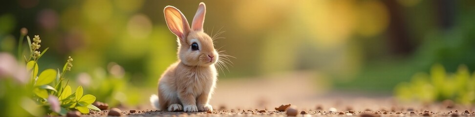 Fototapeta premium Sweet little bunny with big eyes and nose, sitting down, background, isolated, adorable