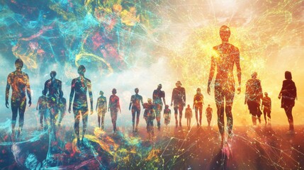 A digital illustration of a group of people walking towards a bright light source.