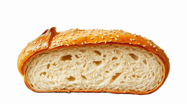 bread on a plain white background. The bread is rectangular with a golden-brown crust, featuring a slightly glossy surface with visible sesame seeds