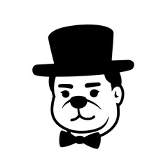 Charming bulldog in a top hat and bow tie embodies elegance and whimsy in playful vector design
