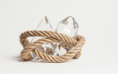 Obraz premium Clear Crystals Wrapped in Hemp Rope on White Background