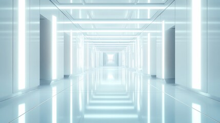 Fototapeta premium Futuristic White Corridor with Bright Neon Lights: A Modern Architectural Visualization
