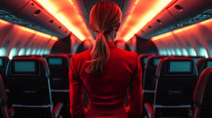 Woman in Red Uniform Stands Inside Dimly Lit Airplane Cabin