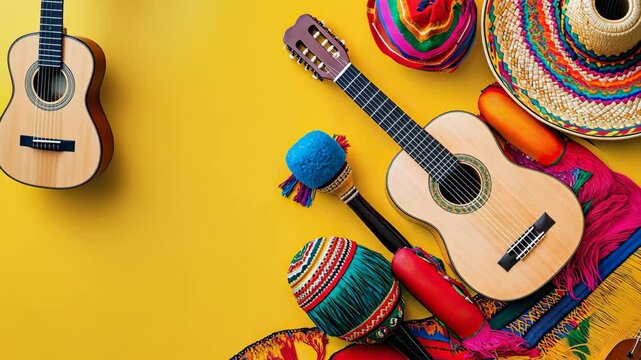 Colorful mexican fiesta with guitar, sombreros, and maracas on yellow background celebrating cinco de mayo with mexican culture