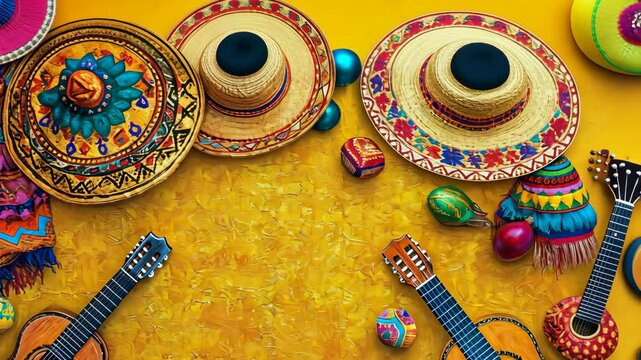 Colorful mexican fiesta background with traditional sombreros, guitars, and maracas for a vibrant cinco de mayo celebration, mexican culture
