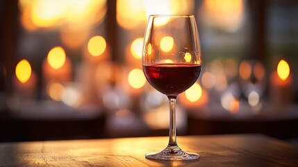 Glass of red wine on table with bokeh background at sunset.
