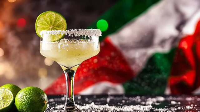 Margarita glass with salted rim and lime, mexican flag lights in background celebrating cinco de mayo, mexican culture