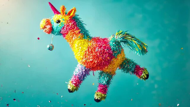 Colorful unicorn pinata mid-explosion against blue background, celebrating cinco de mayo with mexican culture and festive spirit