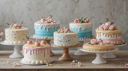 Group of decorated cakes displayed on cake stands