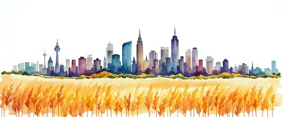 a city skyline and a field of wheat in watercolor style