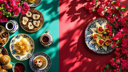 Traditional mexican feast with colorful ceramics and sweet bread surrounded by bougainvillea shadows, celebrating cinco de mayo, mexican culture