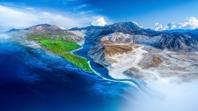 Behold this majestic aerial panorama, a symphony of nature's artistry painted across the earth's canvas The delta unfolds below, a mesmerizing labyrinth of waterways carving intricate paths through