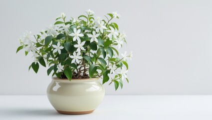 Delicate White Jasmine Shrub in Beige Pot on White Background