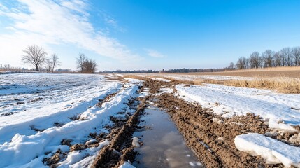 Snowy field road, muddy puddles, winter landscape, rural scene