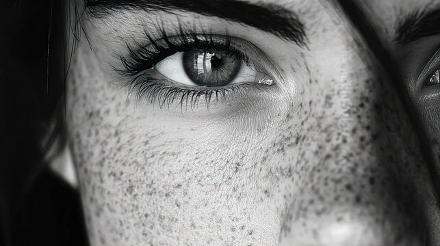 Close-up grayscale portrait of freckled woman's eyes