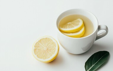 White Cup of Lemon Tea with Slices and Leaf on White Background