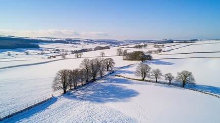 Snowy valley landscape, aerial view, winter