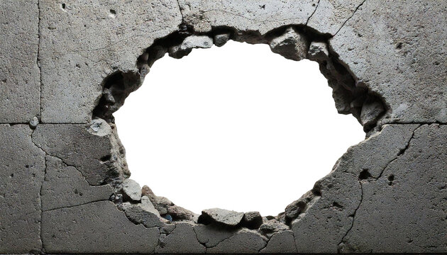 large holes and cracks in solid wall isolated on transparent background