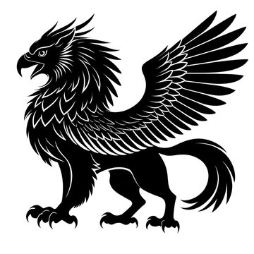 griffin black and white silhouette isolated on white background, Gryphon, Griffon, Gryps, Hippogryph, Simurgh, Sharabha silhouette