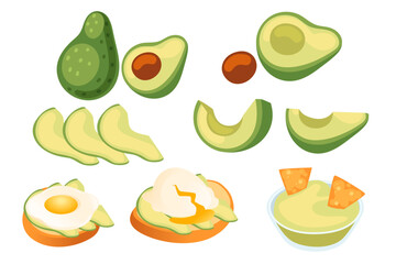 Isometric view avocado set with dishes. Fresh tasty toast with egg topping and sliced avocado fruit. Vector illustration isolated on white background