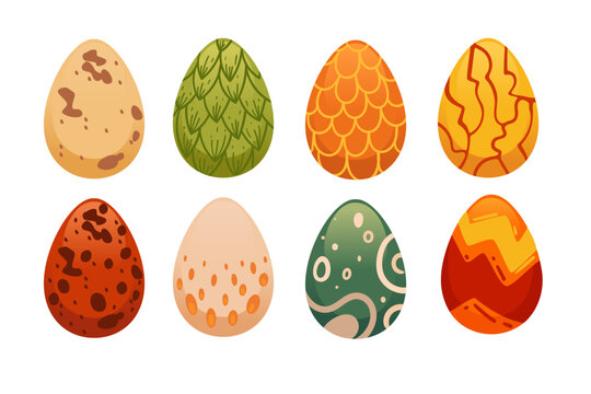 Set of fantasy dragon eggs. Mythical creature collection. Patterned egg in red, green, orange and beige. Colorful bright carton design. Vector illustration isolated on white background