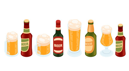 Beer product set with bottles and glasses. Golden lager beer filled in glass. Glass bottles with simple label. Alcoholic drink, ready for grocery store or supermarket. Vector illustration on white