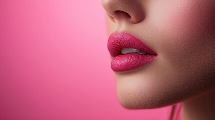 Naklejka premium Close-Up of Woman's Lips with Bold Pink Lipstick on Soft Pink Background