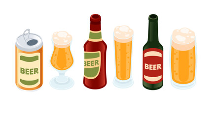 Beer product set with bottles and glasses. Golden lager beer filled in glass. Glass bottles with simple label. Alcoholic drink, ready for grocery store or supermarket. Vector illustration on white