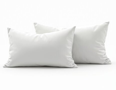 Two white fluffy bed pillows on white isolated background. Soft comfortable bedding cushions offer support during sleep, enhancing room decor in minimalist interior. Relaxation items for bedroom