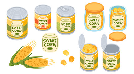 Collection of canned corn. Preserved vegetables. Metal can and glass jar with food. Packaging with colorful labels. Vector illustration illustration isolated on white background, isometric view