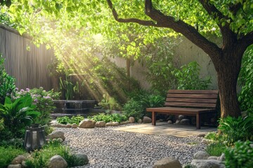 Serene Garden Oasis with Sunlit Pathway, Wooden Bench, and Lush Greenery for Relaxation and Med