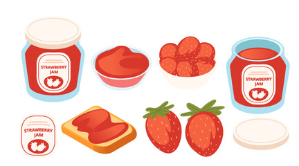 Collection of canned strawberry. Preserves berry jam. Glass jar with food. Packaging with colorful labels. Vector illustration illustration isolated on white background, isometric view