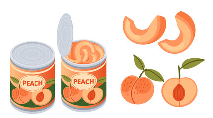 Collection of canned peach. Preserved fruit. Metal can with fruits. Packaging with colorful labels. Vector illustration illustration isolated on white background, isometric view