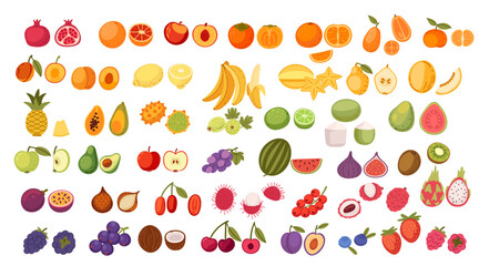 Fruit collection with various types organized by color. Apples, oranges, banana, berries, tropical fruits, and citrus. Tropical and citrus fruits. Healthy foods, vitamin sources. Vector illustration