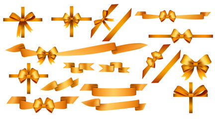 Golden bows and ribbons set. Gift decorations. Present wrapping elements. Festive accessories. Multicolored bows. Package decorations. Event supplies. Decorative elements. Vector illustration