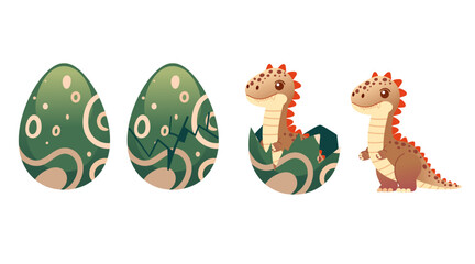 Brown dinosaur hatching. Set of mythical dragon with egg. Small fantasy creature, cute cartoon design. Vector illustration isolated on white background