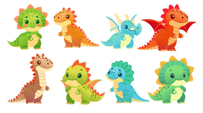 Set of small dinosaurs. Various mythical creatures. Medieval fantasy dragons. Cute cartoon reptile design. Vector illustration isolated on white background