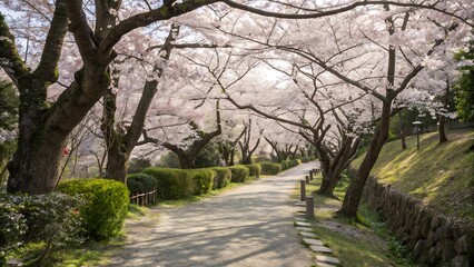 Fototapeta premium Cherry Blossom Avenue: A scenic pathway lined with blossoming cherry trees, their delicate pink and white flowers creating a picturesque tunnel overhead, inviting a stroll through nature's beauty. 