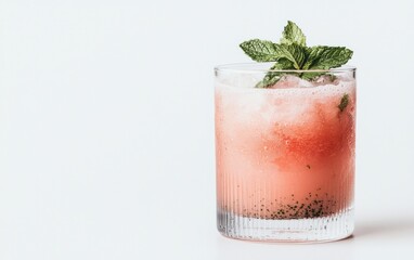 Pink Mint Cocktail in Glass on White Background
