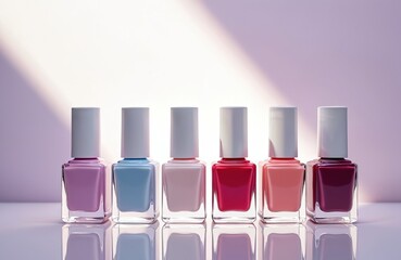 Set of nail polish bottles in pastel colors. Beauty background with copy space. Collection of varnish bottles for female manicure, beauty salon glamour, gel nail design.