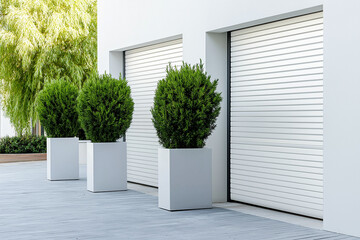 Fototapeta premium Moderne Villa mit großer Fensterfront und Markise im Garten