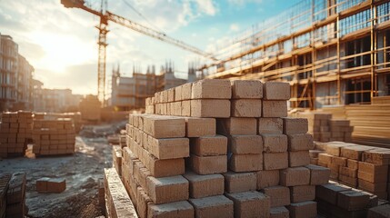 Construction Site with Stacked Bricks and Crane Against Sunset Sky