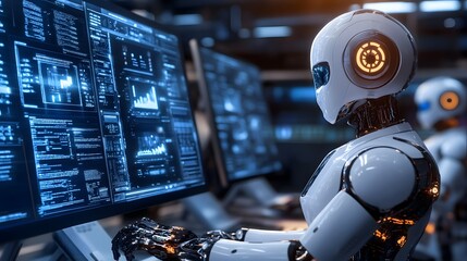Digital Intelligence: The image showcases a sleek, modern robot working with advanced digital interfaces, hinting at technological progress. 