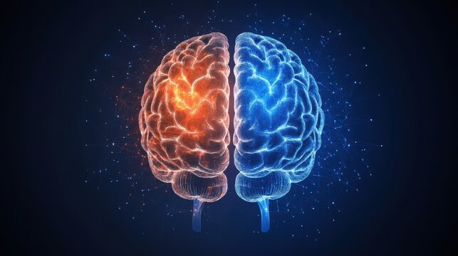 Conceptual representation of the human brain divided into two halves showcasing distinct colors and patterns signifying creativity and logic