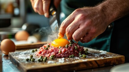 Culinary artistry: Chef meticulously prepares steak tartare with fresh yolk