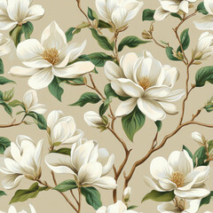 Seamless pattern of white magnolia blossoms and branches on beige background.