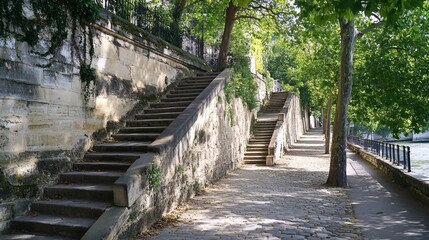 Obraz premium Professional image showing weathered stone walls, stairs, and paved path